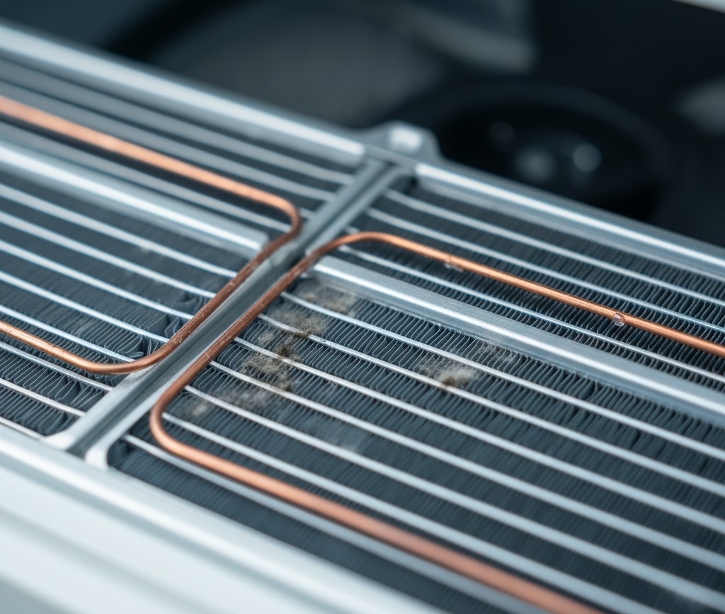 Black mold growth on AC evaporator coils and aluminum fins due to condensation build-up
